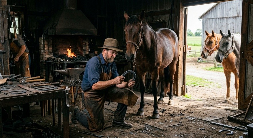 Farrier working with a horse in the settlement shop